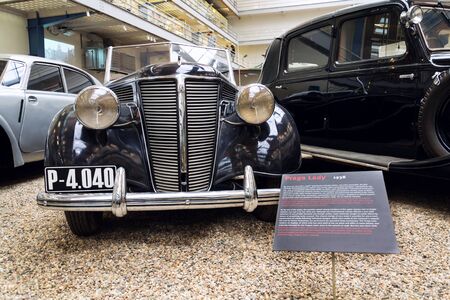 PRAGUE, CZECH REPUBLIC - MARCH 8 2018: Vintage veteran car Praga Lady from year 1938 stands in National technical museum on March 8, 2018 in Prague, Czech Republic.のeditorial素材