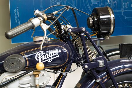 PRAGUE, CZECH REPUBLIC - MARCH 8 2018: Vintage veteran motorcycle Praga BD 500 from year 1927 stands in National technical museum on March 8, 2018 in Prague, Czech Republic.のeditorial素材