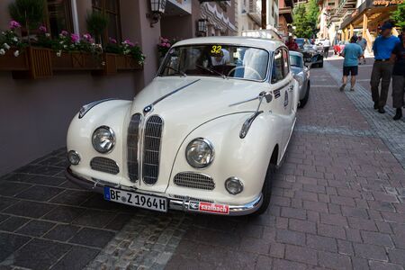 SAALBACH-HINTERGLEMM, AUSTRIA - JUNE 21 2018: Vintage car BMW 3200 S from year 1963 oldsmobile veteran stands on June 21, 2018 in Saalbach-Hinterglemm, Austria.のeditorial素材