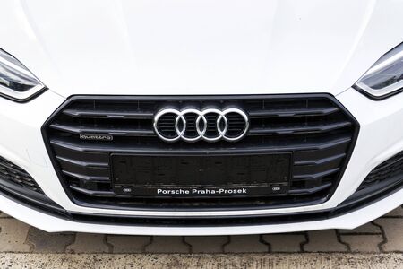 PRAGUE, CZECH REPUBLIC - SEPTEMBER 22 2018: Audi company logo on car Audi Quattro on September 22, 2018 in Prague, Czech Republic.のeditorial素材