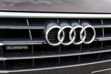 PRAGUE, CZECH REPUBLIC - SEPTEMBER 22 2018: Audi company logo on car Audi Quattro on September 22, 2018 in Prague, Czech Republic.のeditorial素材