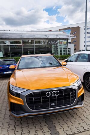 PRAGUE, CZECH REPUBLIC - SEPTEMBER 22 2018: Audi company logo on car Audi Quattro on September 22, 2018 in Prague, Czech Republic.のeditorial素材