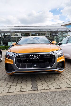 PRAGUE, CZECH REPUBLIC - SEPTEMBER 22 2018: Audi company logo on car Audi Quattro on September 22, 2018 in Prague, Czech Republic.のeditorial素材
