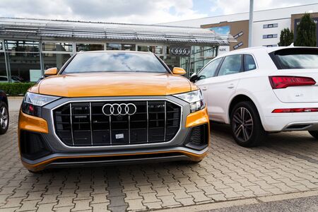 PRAGUE, CZECH REPUBLIC - SEPTEMBER 22 2018: Audi company logo on car Audi Quattro on September 22, 2018 in Prague, Czech Republic.のeditorial素材