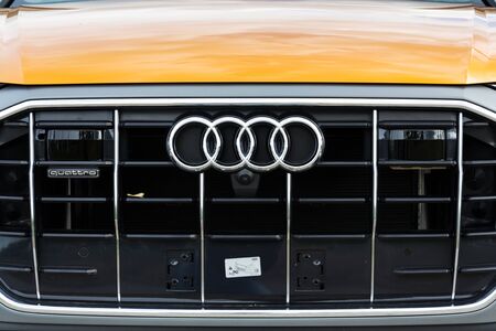 PRAGUE, CZECH REPUBLIC - SEPTEMBER 22 2018: Audi company logo on car Audi Quattro on September 22, 2018 in Prague, Czech Republic.のeditorial素材