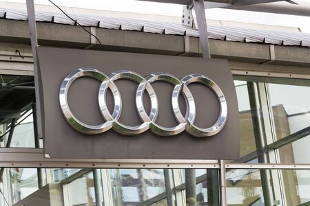 PRAGUE, CZECH REPUBLIC - SEPTEMBER 22 2018: Audi company logo on dealership building on September 22, 2018 in Prague, Czech Republic.のeditorial素材