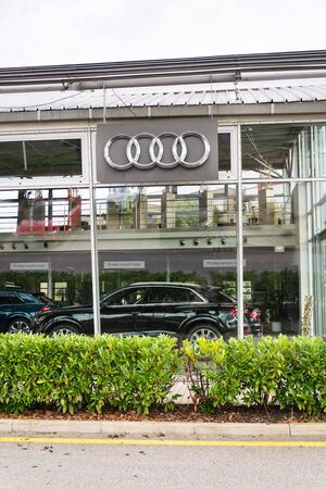 PRAGUE, CZECH REPUBLIC - SEPTEMBER 22 2018: Audi company logo on dealership building on September 22, 2018 in Prague, Czech Republic.のeditorial素材