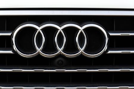 PRAGUE, CZECH REPUBLIC - SEPTEMBER 22 2018: Audi company logo on car on September 22, 2018 in Prague, Czech Republic.のeditorial素材