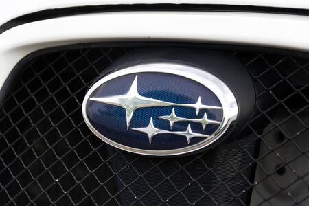 PRAGUE, CZECH REPUBLIC - SEPTEMBER 22 2018: Subaru company logo on car on September 22, 2018 in Prague, Czech Republic.のeditorial素材