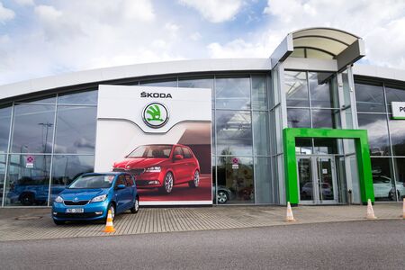 PRAGUE, CZECH REPUBLIC - SEPTEMBER 22 2018: Skoda Auto company logo on dealership building on September 22, 2018 in Prague, Czech Republic.のeditorial素材