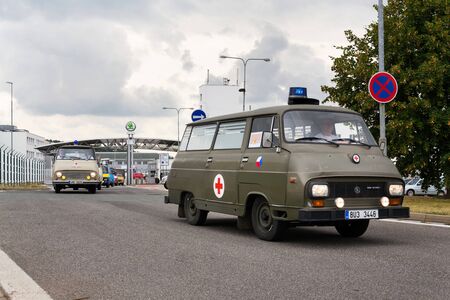 VRCHLABI, CZECH REPUBLIC - AUGUST 25 2018: Vintage car Skoda 1203 ambulance oldsmobile veteran leaving Vrchlabi Skoda plant on August 25, 2018 in Vrchlabi, Czech Republic.のeditorial素材