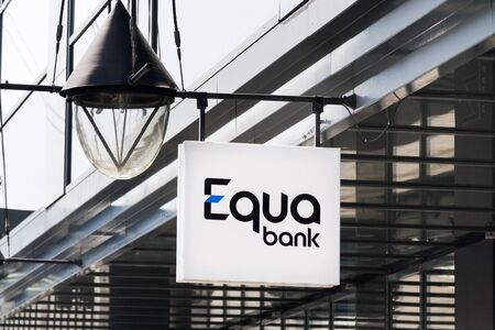 PRAGUE, CZECH REPUBLIC - MAY 19 2018: Equa bank financial company logo on Czech headquarters building on May 19, 2018 in Prague, Czech Republic.のeditorial素材