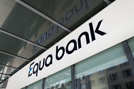 PRAGUE, CZECH REPUBLIC - MAY 19 2018: Equa bank financial company logo on Czech headquarters building on May 19, 2018 in Prague, Czech Republic.のeditorial素材