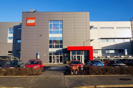 KLADNO, CZECH REPUBLIC - DECEMBER 4 2018: The Lego Group company logo on production factory building on December 4, 2018 in Kladno, Czech Republic.のeditorial素材