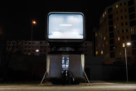 PRAGUE, CZECH REPUBLIC - DECEMBER 6 2018: Roboticaly operated futuristic winebar restaurant Cyberdog on December 6, 2018 in Prague, Czech Republic.のeditorial素材