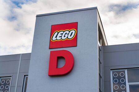 KLADNO, CZECH REPUBLIC - DECEMBER 4 2018: The Lego Group company logo on production factory building on December 4, 2018 in Kladno, Czech Republic.のeditorial素材