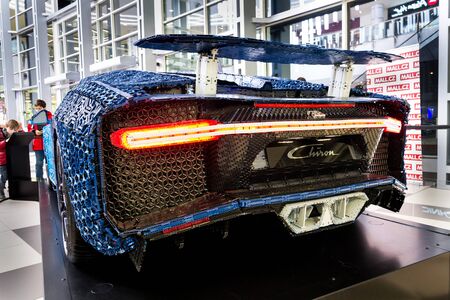 PRAGUE, CZECH REPUBLIC - JANUARY 6 2019: Bugatti Chiron full-size model from Lego bricks stands on January 6, 2019 in Prague, Czech Republic.のeditorial素材