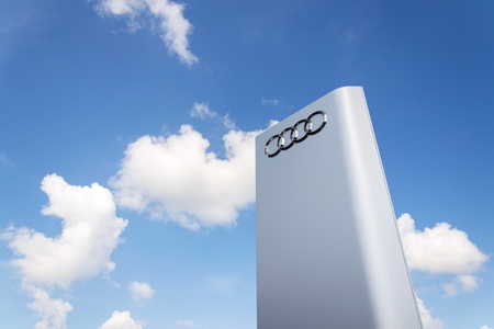 PRAGUE, CZECH REPUBLIC - MAY 6 2019: Audi company logo in front of dealership building on May 6, 2019 in Prague, Czech Republic.のeditorial素材