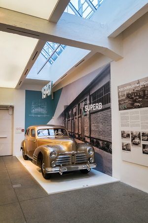 MLADA BOLESLAV, CZECH REPUBLIC - AUGUST 16 2019: Skoda Superb from 1947 gold metallic car on August 16, 2019 in Mlada Boleslav, Czech Republic.のeditorial素材
