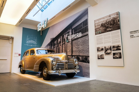 MLADA BOLESLAV, CZECH REPUBLIC - AUGUST 16 2019: Skoda Superb from 1947 gold metallic car on August 16, 2019 in Mlada Boleslav, Czech Republic.のeditorial素材