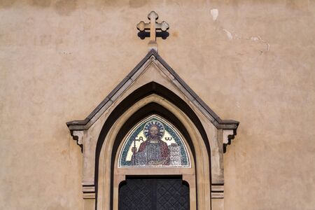 Emmaus monastery Na Slovanech, Abbey Church of the Blessed Virgin Mary, St. Jerome and Slavic Saints entrance architectural detail, sunny day, Prague, Czech Republicの写真素材