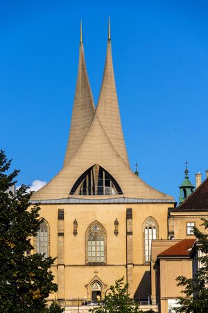 Emmaus monastery Na Slovanech, Abbey Church of the Blessed Virgin Mary, St. Jerome and Slavic Saints entrance architectural detail, sunny day, Prague, Czech Republicの写真素材