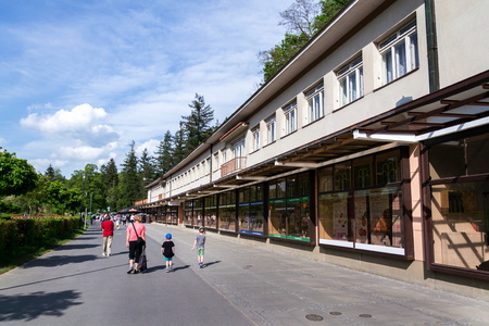 LUHACOVICE, CZECH REPUBLIC - APRIL 30 2018: People walk in spa town on April 30, 2018 in Luhacovice, Czech Republic.のeditorial素材