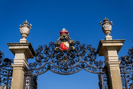 Dietrichstein coat of arms over the gate to chateau park by the Mikulov Castle in South Moravia, Czech Republic, sunny summer dayのeditorial素材