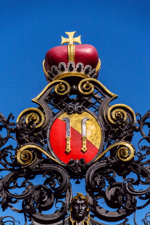 Dietrichstein coat of arms over the gate to chateau park by the Mikulov Castle in South Moravia, Czech Republic, sunny summer dayのeditorial素材