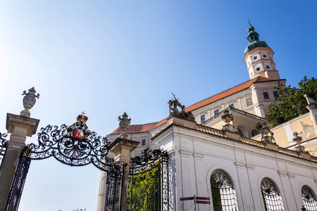 Dietrichstein coat of arms over the gate to chateau park by the Mikulov Castle in South Moravia, Czech Republic, sunny summer dayのeditorial素材
