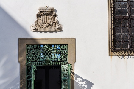 Decorative metal lattice doors at the Mikulov Castle in South Moravia, Czech Republic, sunny summer dayのeditorial素材