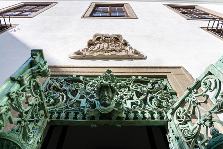 Decorative metal lattice doors at the Mikulov Castle in South Moravia, Czech Republic, sunny summer dayのeditorial素材
