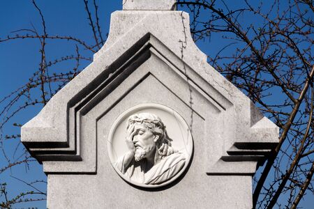Beautiful Jesus Christ head on tombstone with runners from tree in background, cemetery on a sunny day with clear blue sky, new life and religion conceptの写真素材