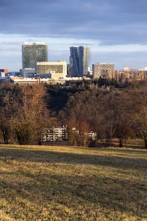 Panoramic view of the Pankrac district with Prague tallest buildings seen from Devin in Prague, Czech Republicの写真素材