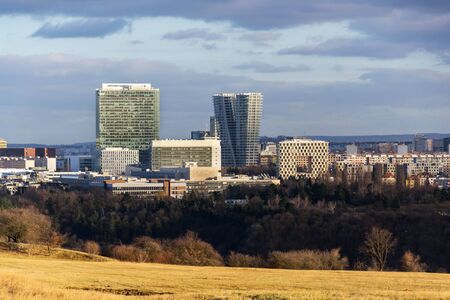 Panoramic view of the Pankrac district with Prague tallest buildings seen from Devin in Prague, Czech Republicの写真素材
