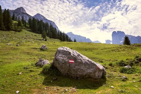 Grosse Bischofsmutze mountain in Alps, Gosau, Gmunden district, Upper Austria federal state, sunny summer day, exploration wanderlust conceptの写真素材