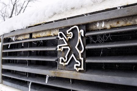 PRAGUE, CZECH REPUBLIC - JANUARY 26 2020: Peugeot company logo on old car on January 26, 2020 in Prague, Czech Republic.のeditorial素材