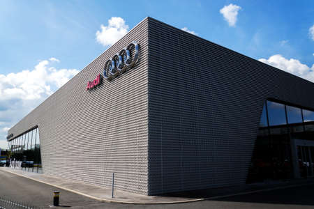 PRAGUE, CZECH REPUBLIC - MAY 6 2019: Empty space in front of Audi company dealership building on May 6, 2019 in Prague, Czech Republic.のeditorial素材