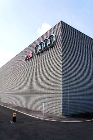 PRAGUE, CZECH REPUBLIC - MAY 6 2019: Empty space in front of Audi company dealership building on May 6, 2019 in Prague, Czech Republic.のeditorial素材