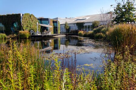 Vertical garden on facade with green living wall reflecting in natural biotope pool with self-cleaning water with with plants, natural air conditioning concept, sunny summer dayの写真素材