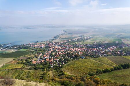 Aerial view of Pavlov village from Devin mountain on banks of Nove Mlyny water reservoir, Breclav district, South Moravia, Czech Republic, sunny summer dayの写真素材