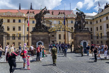 PRAGUE, CZECH REPUBLIC - JUNE 2 2020: Face masks on soldiers in front of the Prague Castle during Changing of the Guard, coronavirus covid-19 pandemic outbreak on June 2, 2020 in Prague, Czech republic.のeditorial素材