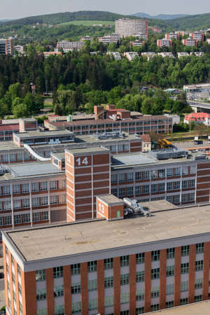 Traditional Zlin red brick buildings exterior, former shoe factory, Moravia, Czech Republic, sunny summer day, aerial viewのeditorial素材