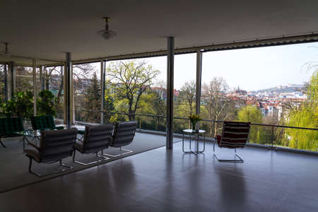 View of Spilberk Castle from the Villa Tugendhat garden by architect Ludwig Mies van der Rohe built in 1929-1930, modern functionalism architecture monument, Brno, Moravia, Czech Republic, UNESCO World Culture Heritage siteのeditorial素材