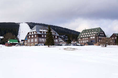 Piste with unrecognizable people skiing, snow, sunny winter day, Horni Mala Upa, Krkonose mountains,...