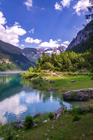 Beautiful nature on the shores of the Vorderer Gosausee lake near Gosau, Austria, sunny summer dayの写真素材