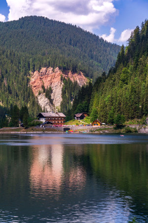 Beautiful nature on the shores of the Vorderer Gosausee lake near Gosau, Austria, sunny summer dayの写真素材