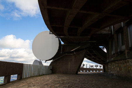 Bunch of transmitters and aerials on telecommunication towerの写真素材