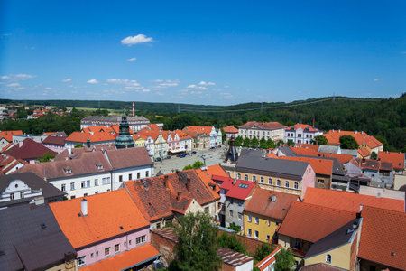 Historic center of the town Stribro in Tachov district in the Plzen Region, Czech Republic, sunny summer dayの写真素材