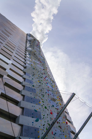 Public space with climbing wall on the roof of Amager Bakke known as Amager Slope or Copenhill,...